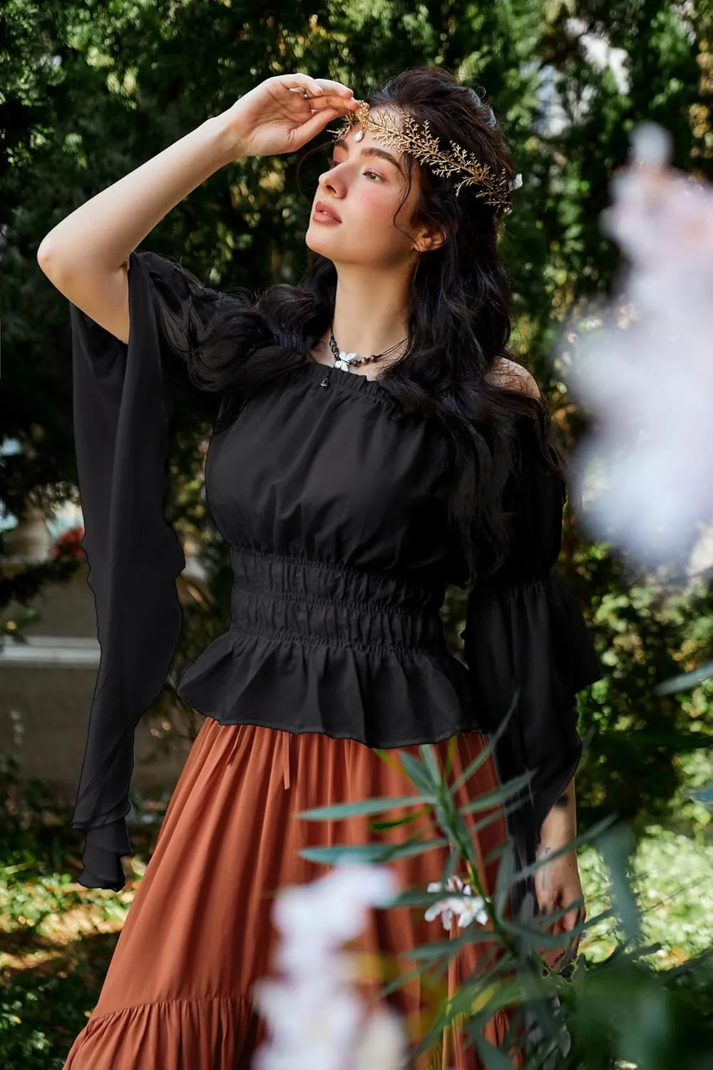 Scarlet Darkness Women's Renaissance Shirt Ruffle Sleeve Off The Shoulder Peplum Blouse Peasant Dressy Top