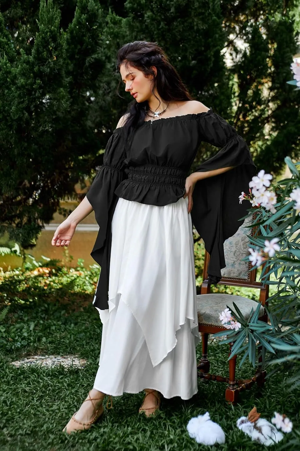 Scarlet Darkness Women's Renaissance Shirt Ruffle Sleeve Off The Shoulder Peplum Blouse Peasant Dressy Top