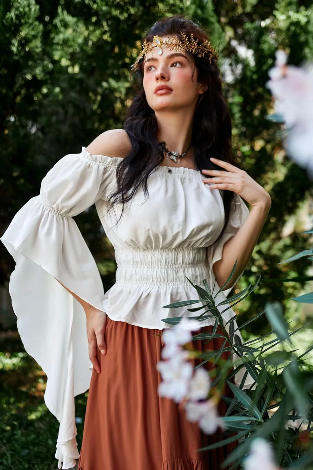 Scarlet Darkness Women's Renaissance Shirt Ruffle Sleeve Off The Shoulder Peplum Blouse Peasant Dressy Top