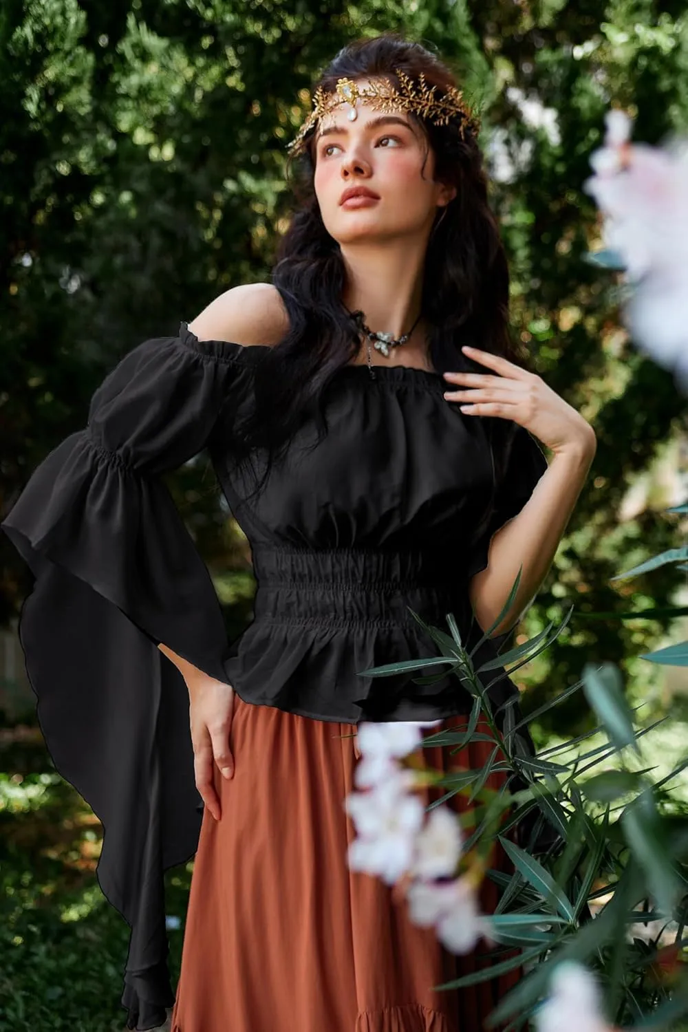 Scarlet Darkness Women's Renaissance Shirt Ruffle Sleeve Off The Shoulder Peplum Blouse Peasant Dressy Top