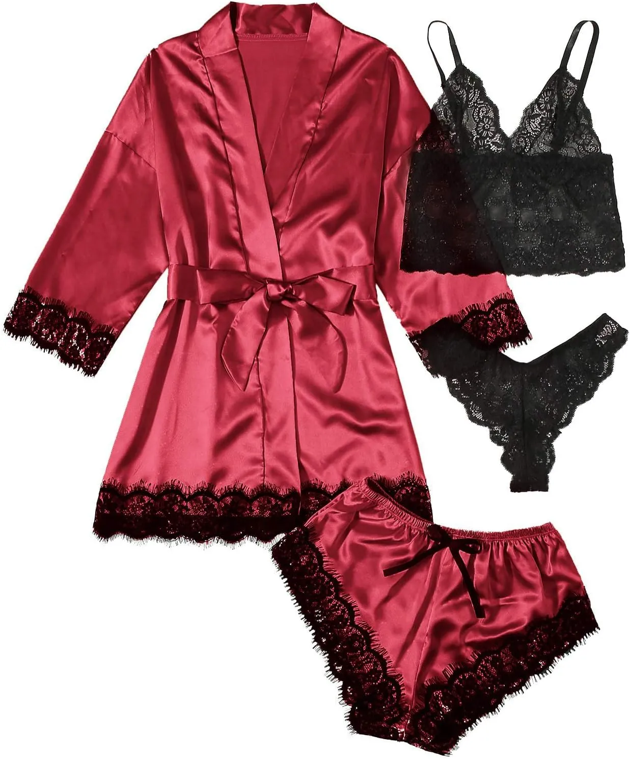 SOLY HUX Women's Satin Pajama Set 4pcs Floral Lace Trim Cami Lingerie Sleepwear with Robe