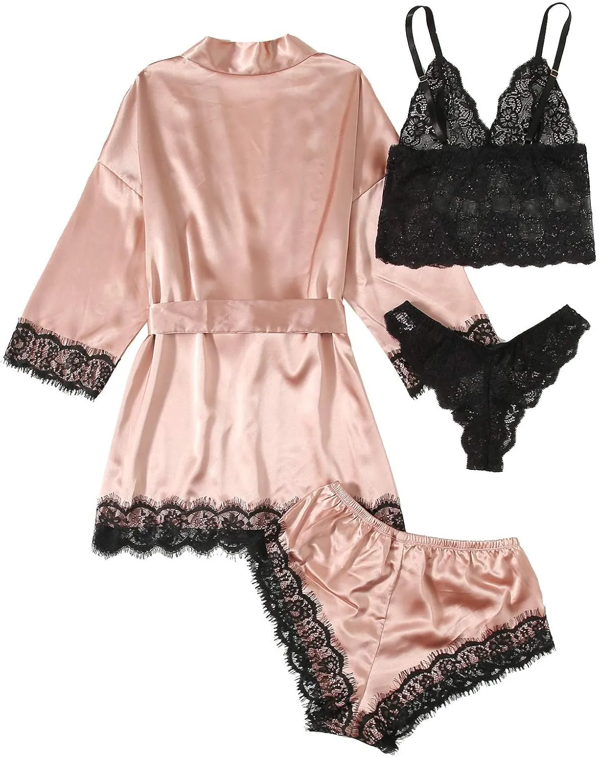 SOLY HUX Women's Satin Pajama Set 4pcs Floral Lace Trim Cami Lingerie Sleepwear with Robe