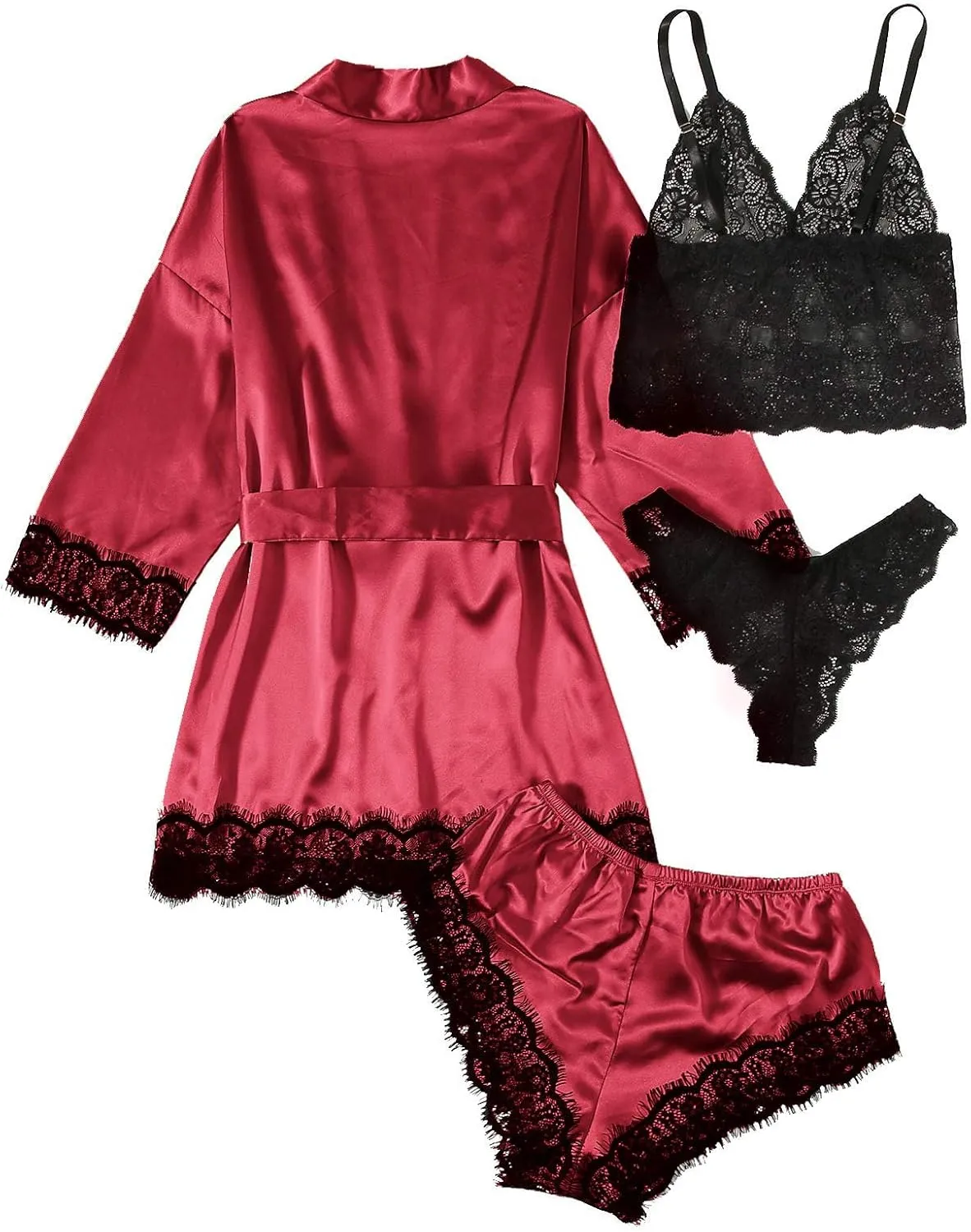 SOLY HUX Women's Satin Pajama Set 4pcs Floral Lace Trim Cami Lingerie Sleepwear with Robe