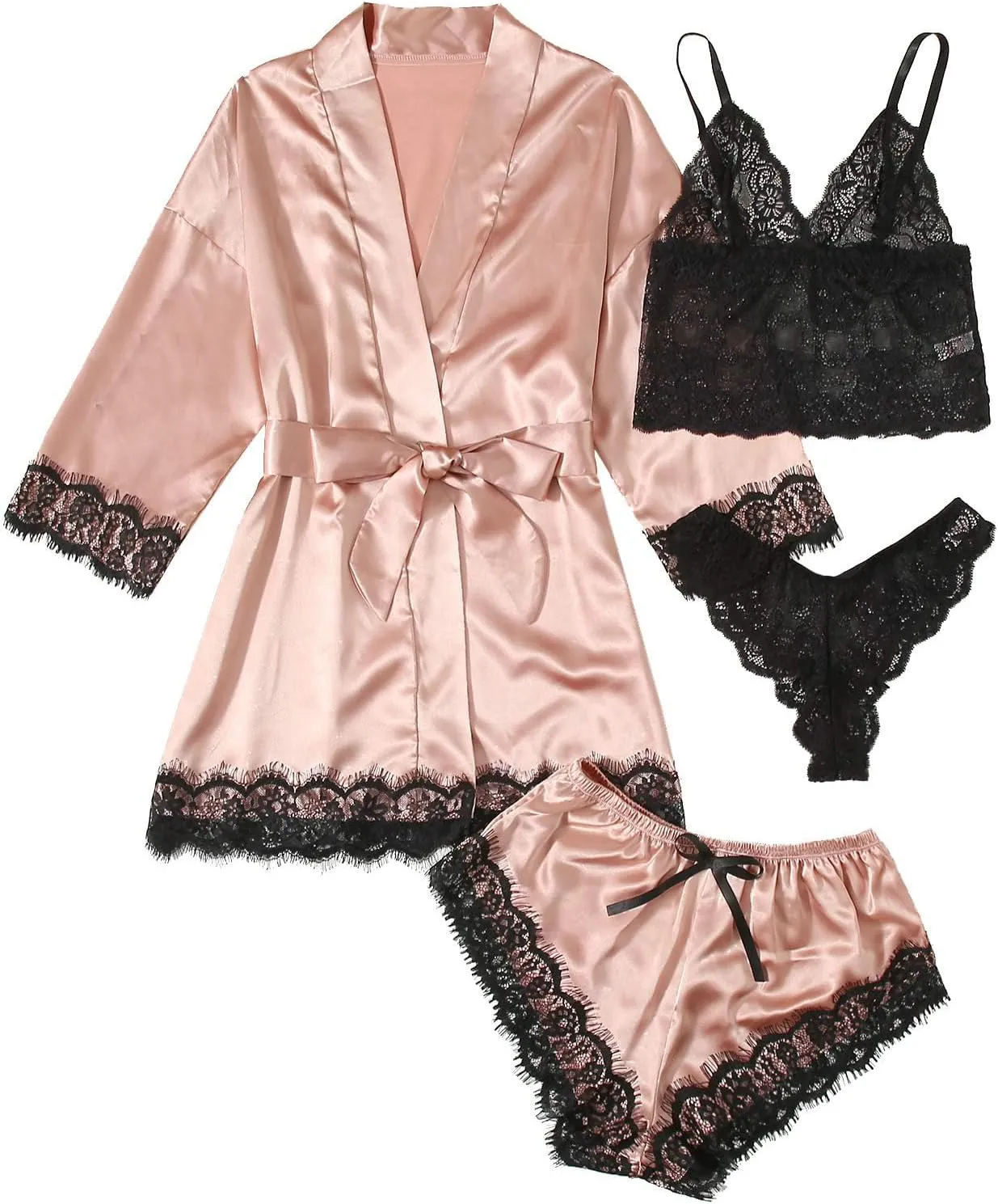 SOLY HUX Women's Satin Pajama Set 4pcs Floral Lace Trim Cami Lingerie Sleepwear with Robe