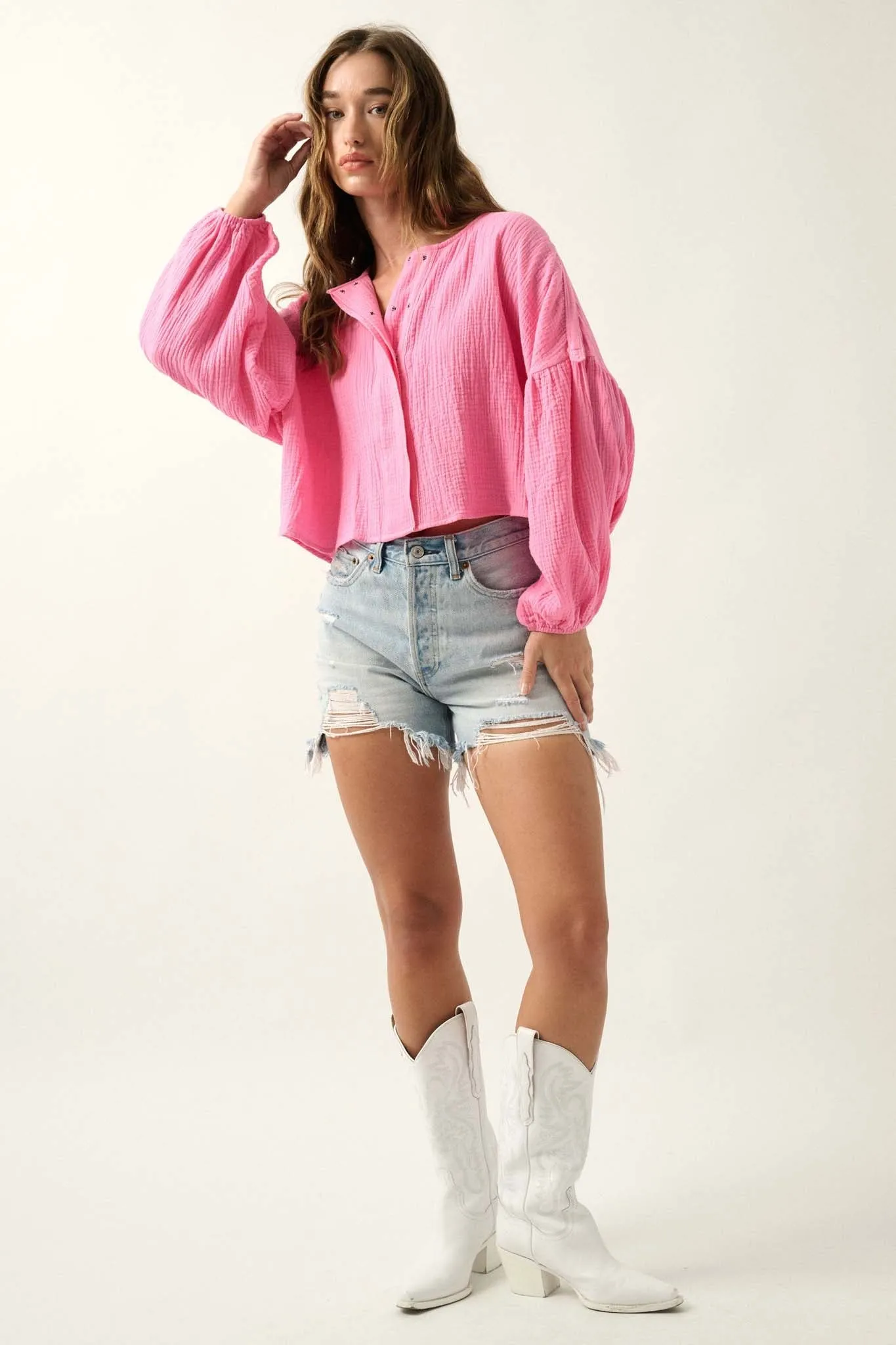 Turn the Tide Crinkle Cotton Bubble-Sleeve Shirt