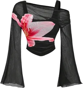 Verdusa Women's Y2k Off Shoulder Tops Tie Dye Mesh Long Flared Sleeve Ruched Crop Shirt Top