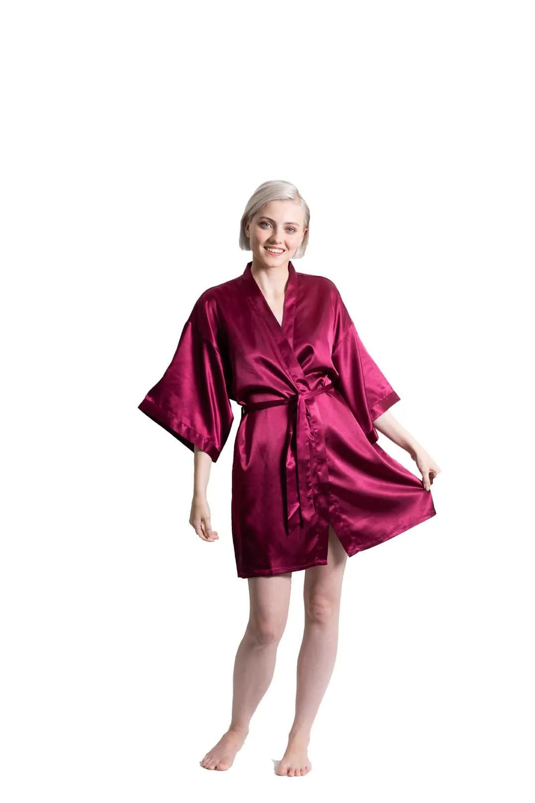 Woman’s Satin Kimono Short Robe, Luxury & Lightweight, Comfortable Robe, (Wine Red)