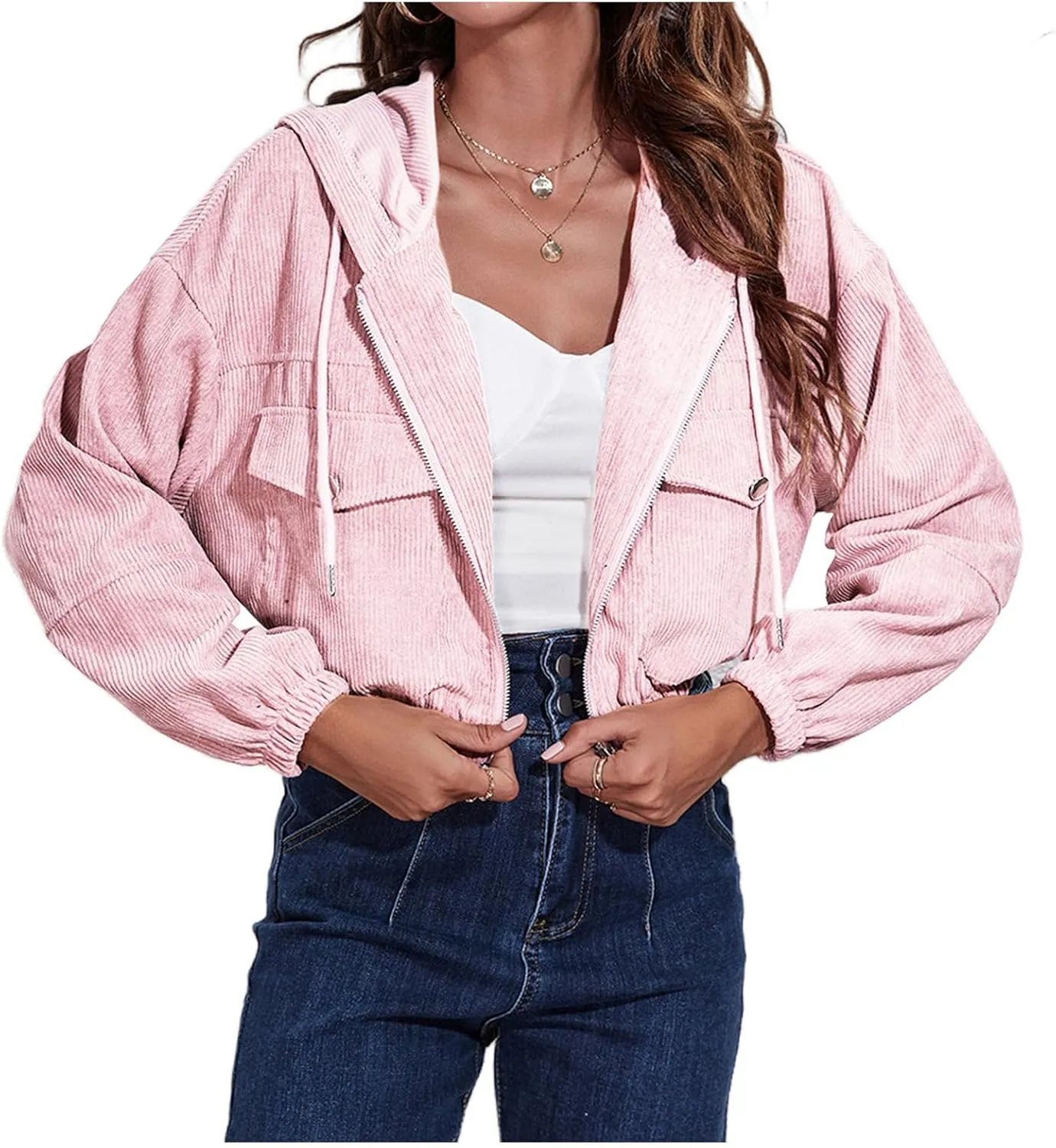 Women Cropped Shacket Corduroy Hooded Jacket Casual Long Sleeve Button Down Hoodies Soft Comfy Tops Y2K Outfits