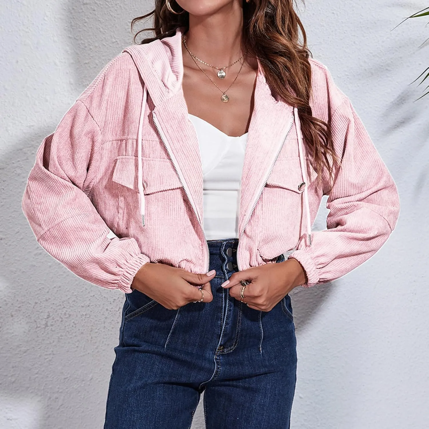 Women Cropped Shacket Corduroy Hooded Jacket Casual Long Sleeve Button Down Hoodies Soft Comfy Tops Y2K Outfits