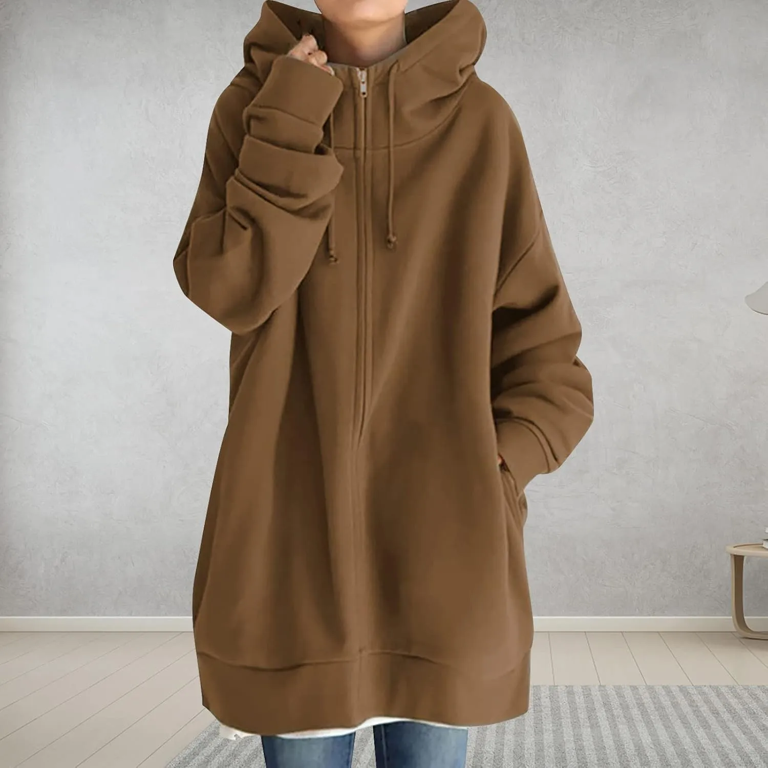 Women Long Sweatshirt Pullover Long Sleeve Solid Color Zip Up Hoodies Slim Fit Casual Fall Winter Shirts with Pocket