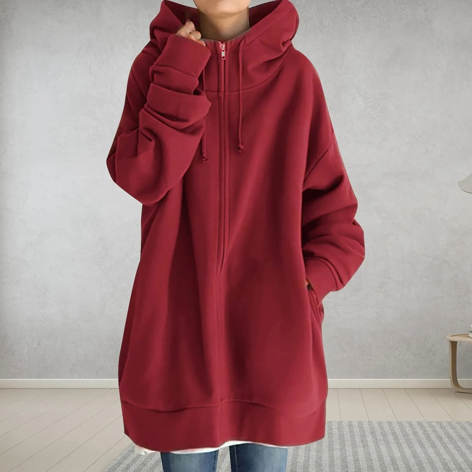 Women Long Sweatshirt Pullover Long Sleeve Solid Color Zip Up Hoodies Slim Fit Casual Fall Winter Shirts with Pocket