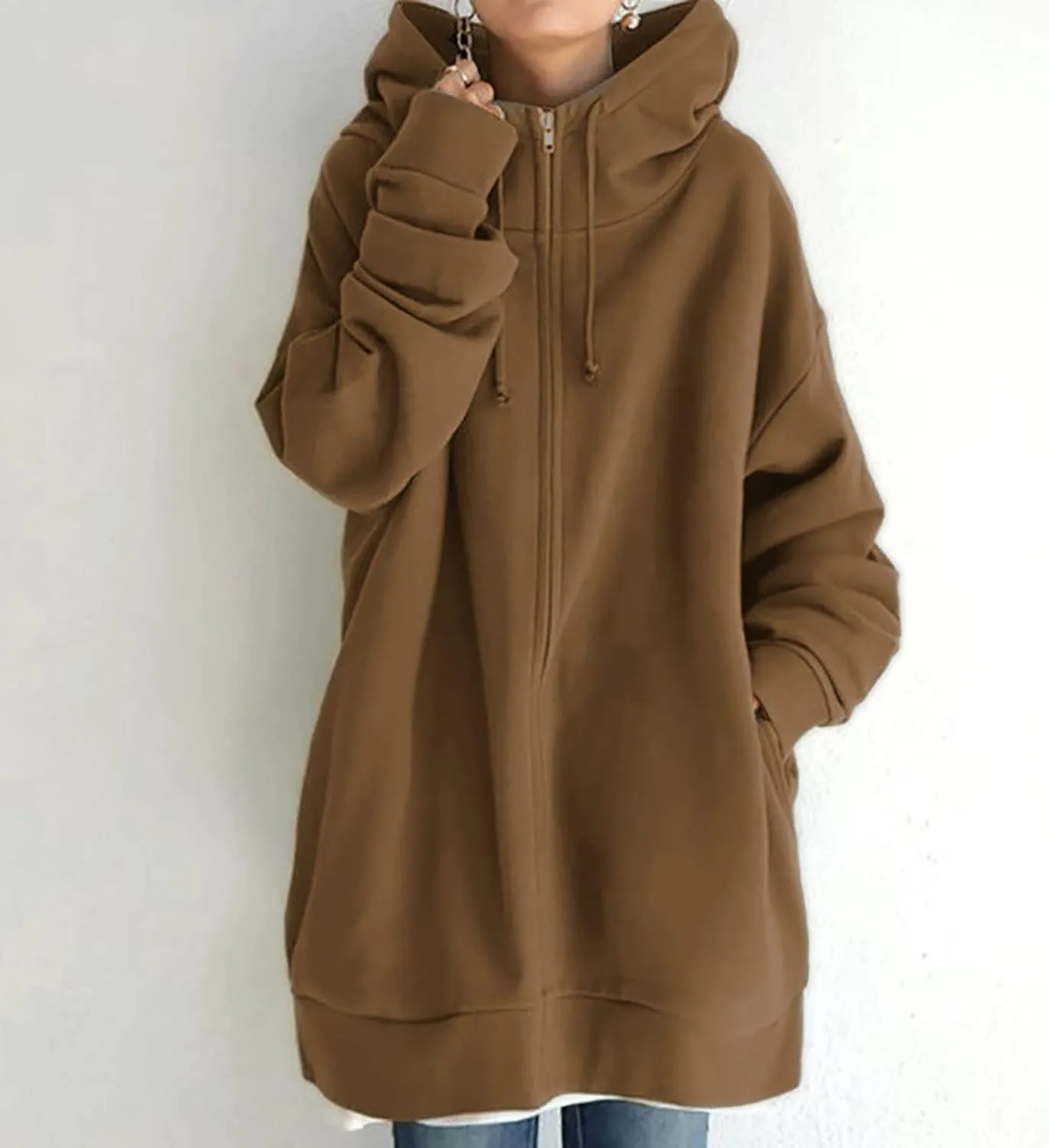 Women Long Sweatshirt Pullover Long Sleeve Solid Color Zip Up Hoodies Slim Fit Casual Fall Winter Shirts with Pocket
