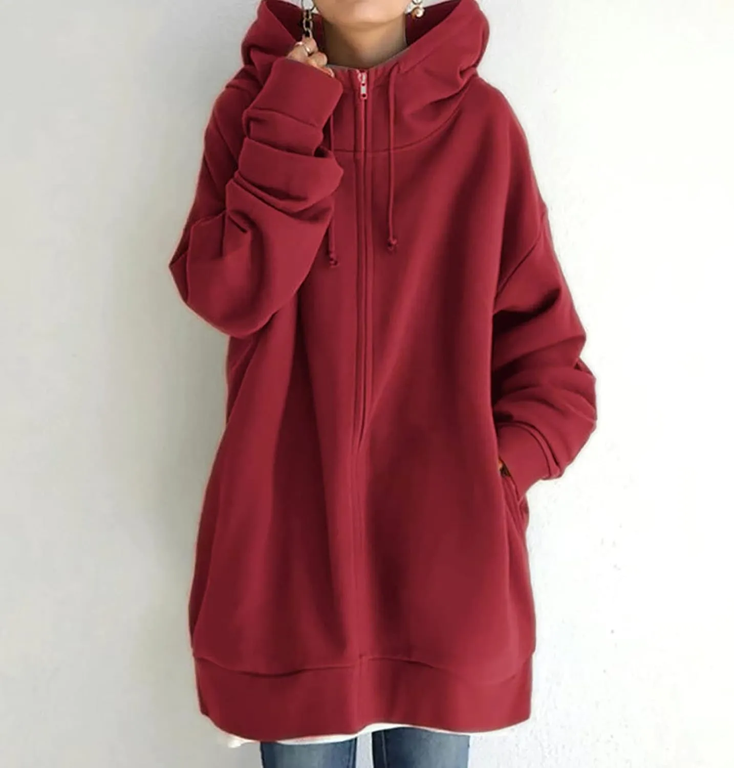 Women Long Sweatshirt Pullover Long Sleeve Solid Color Zip Up Hoodies Slim Fit Casual Fall Winter Shirts with Pocket
