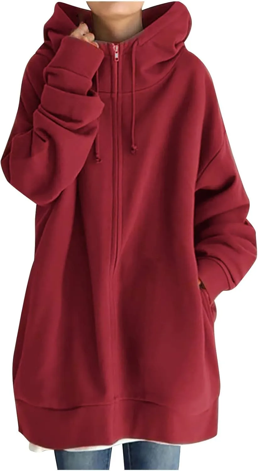 Women Long Sweatshirt Pullover Long Sleeve Solid Color Zip Up Hoodies Slim Fit Casual Fall Winter Shirts with Pocket