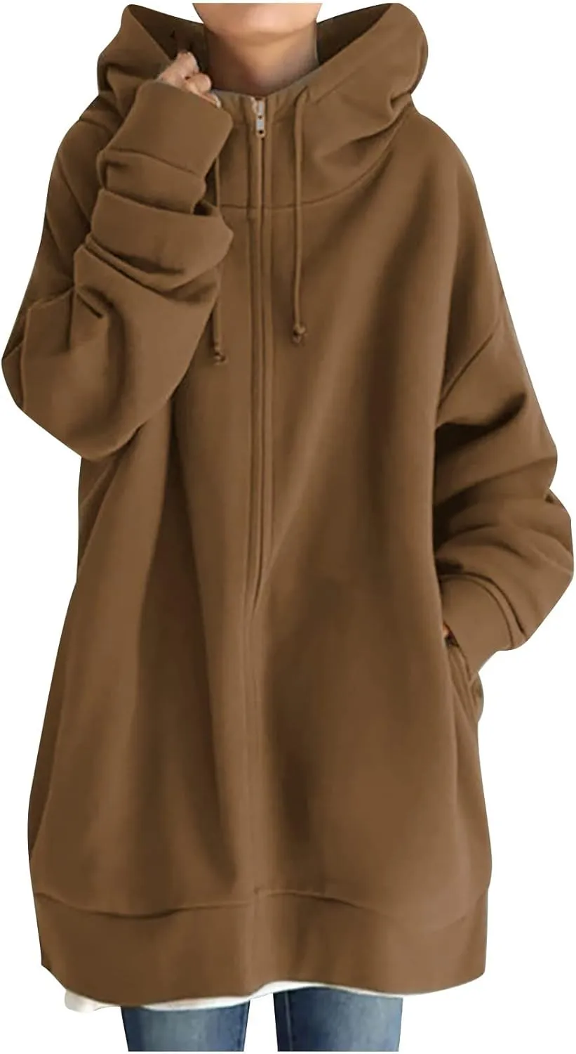 Women Long Sweatshirt Pullover Long Sleeve Solid Color Zip Up Hoodies Slim Fit Casual Fall Winter Shirts with Pocket
