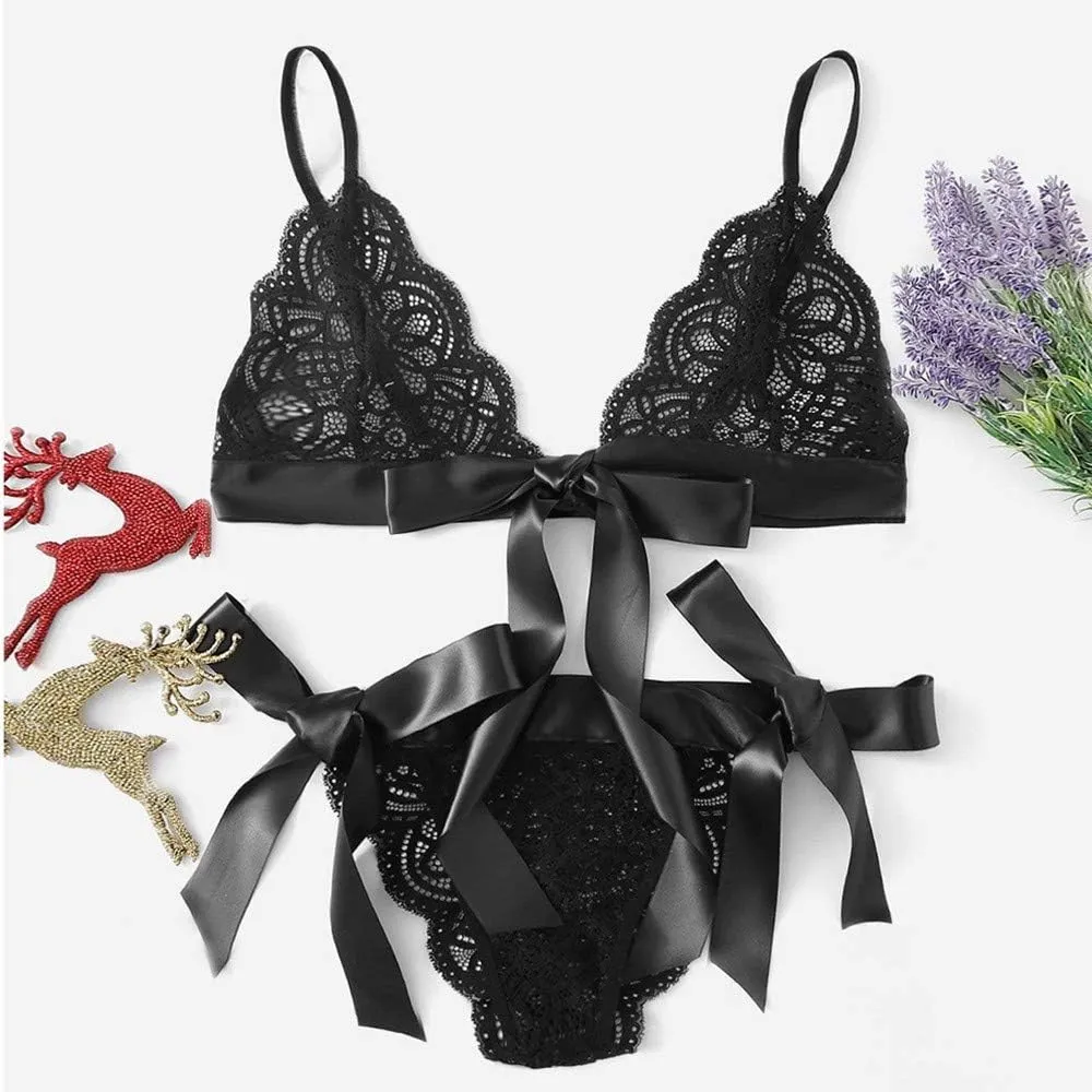 Women Underpant Bra Bow Side Sexy Lingerie Set Scalloped Trim Tie Lace Satin Slip Dress