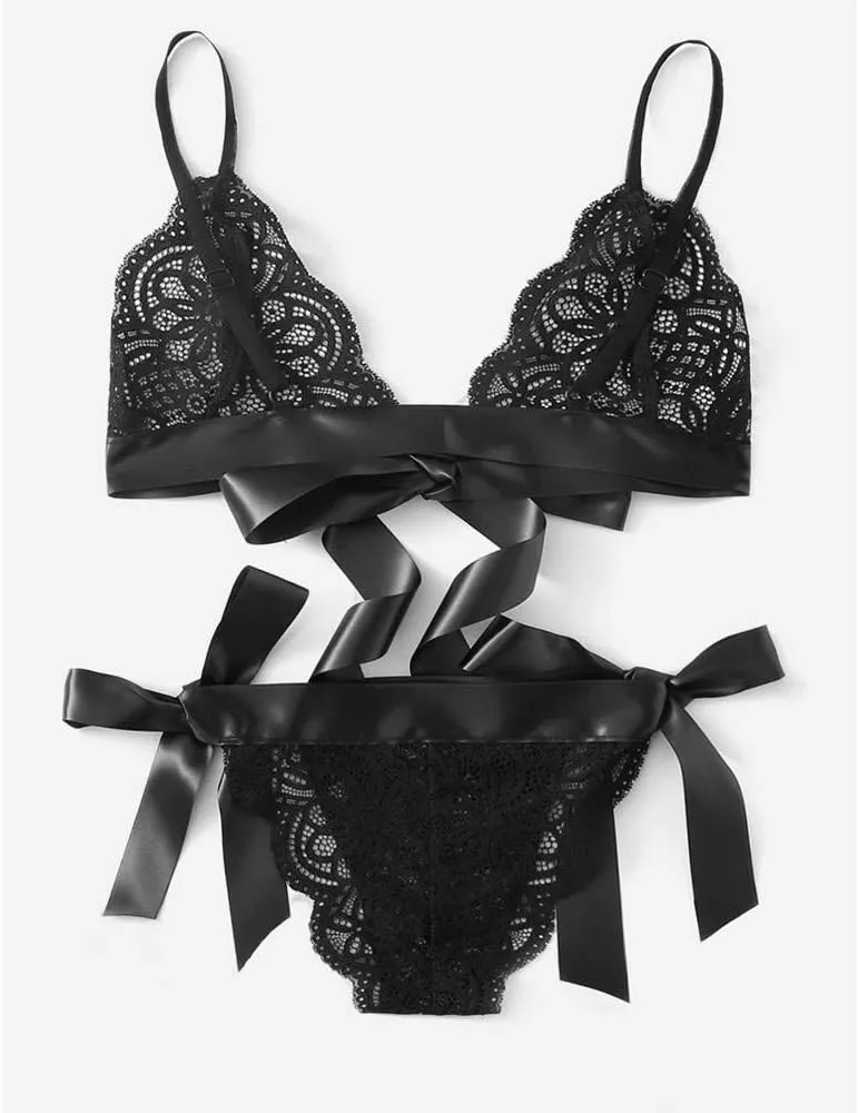Women Underpant Bra Bow Side Sexy Lingerie Set Scalloped Trim Tie Lace Satin Slip Dress