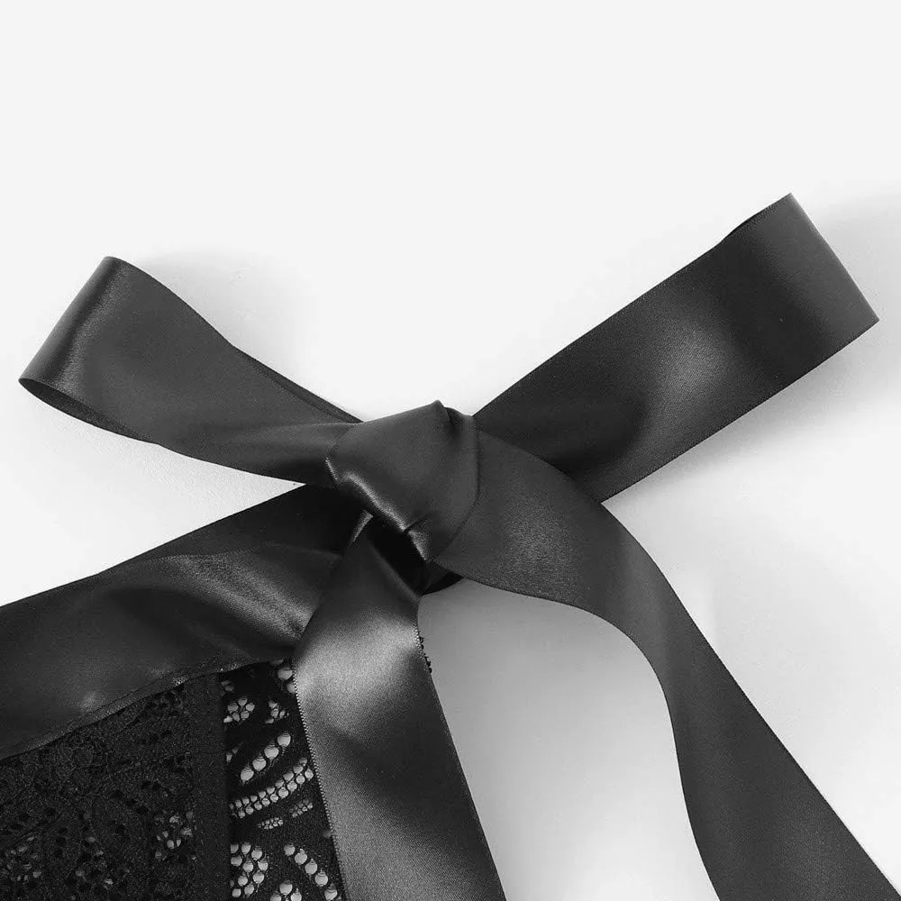 Women Underpant Bra Bow Side Sexy Lingerie Set Scalloped Trim Tie Lace Satin Slip Dress