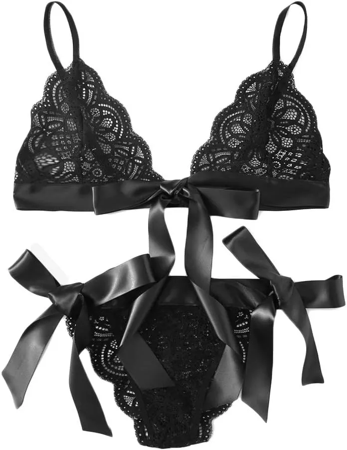 Women Underpant Bra Bow Side Sexy Lingerie Set Scalloped Trim Tie Lace Satin Slip Dress