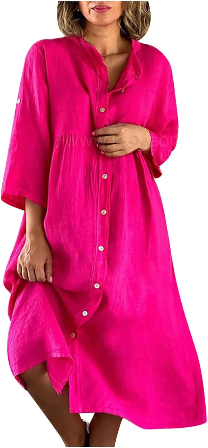 Womens 2024 Fashion Kimono Cotton Linen Casual Cardigan Loose Cover up Button Down 3/4 Sleeve Summer Beach Dresses