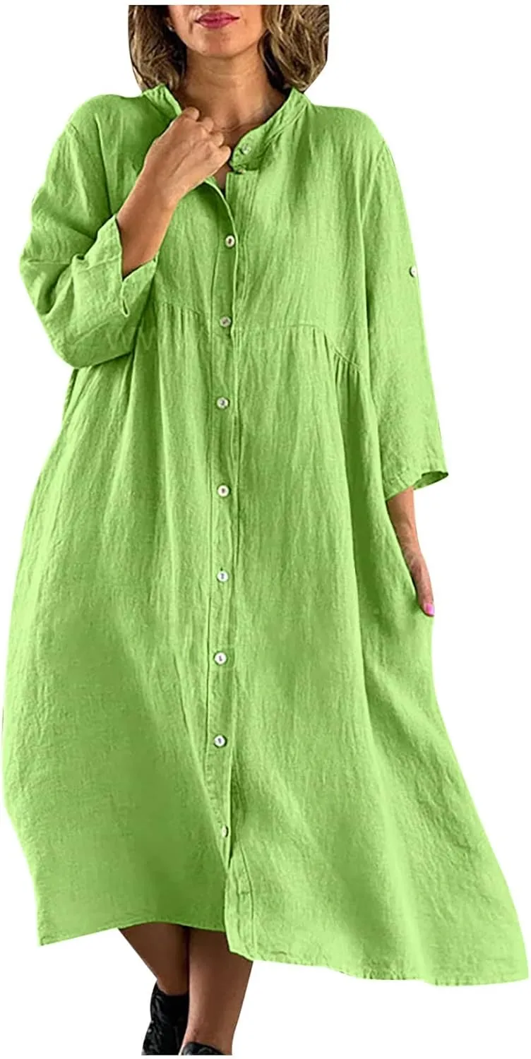 Womens 2024 Fashion Kimono Cotton Linen Casual Cardigan Loose Cover up Button Down 3/4 Sleeve Summer Beach Dresses