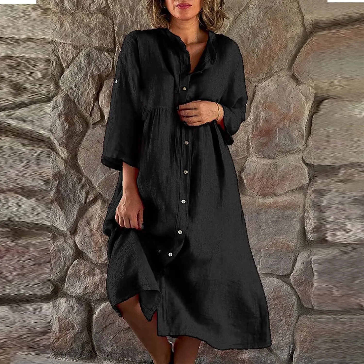 Womens 2024 Fashion Kimono Cotton Linen Casual Cardigan Loose Cover up Button Down 3/4 Sleeve Summer Beach Dresses