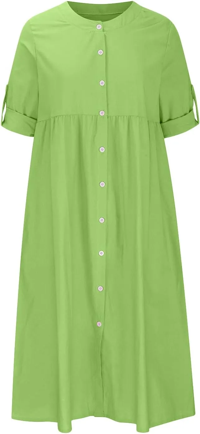 Womens 2024 Fashion Kimono Cotton Linen Casual Cardigan Loose Cover up Button Down 3/4 Sleeve Summer Beach Dresses