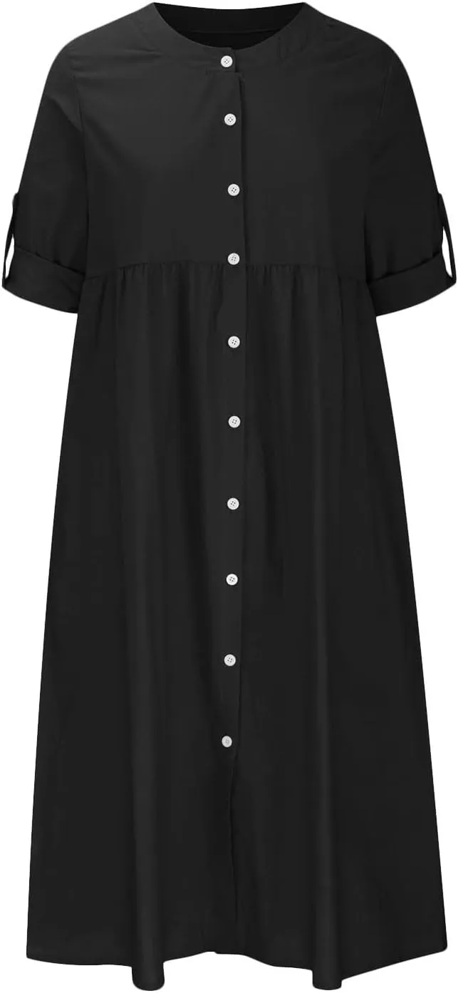 Womens 2024 Fashion Kimono Cotton Linen Casual Cardigan Loose Cover up Button Down 3/4 Sleeve Summer Beach Dresses