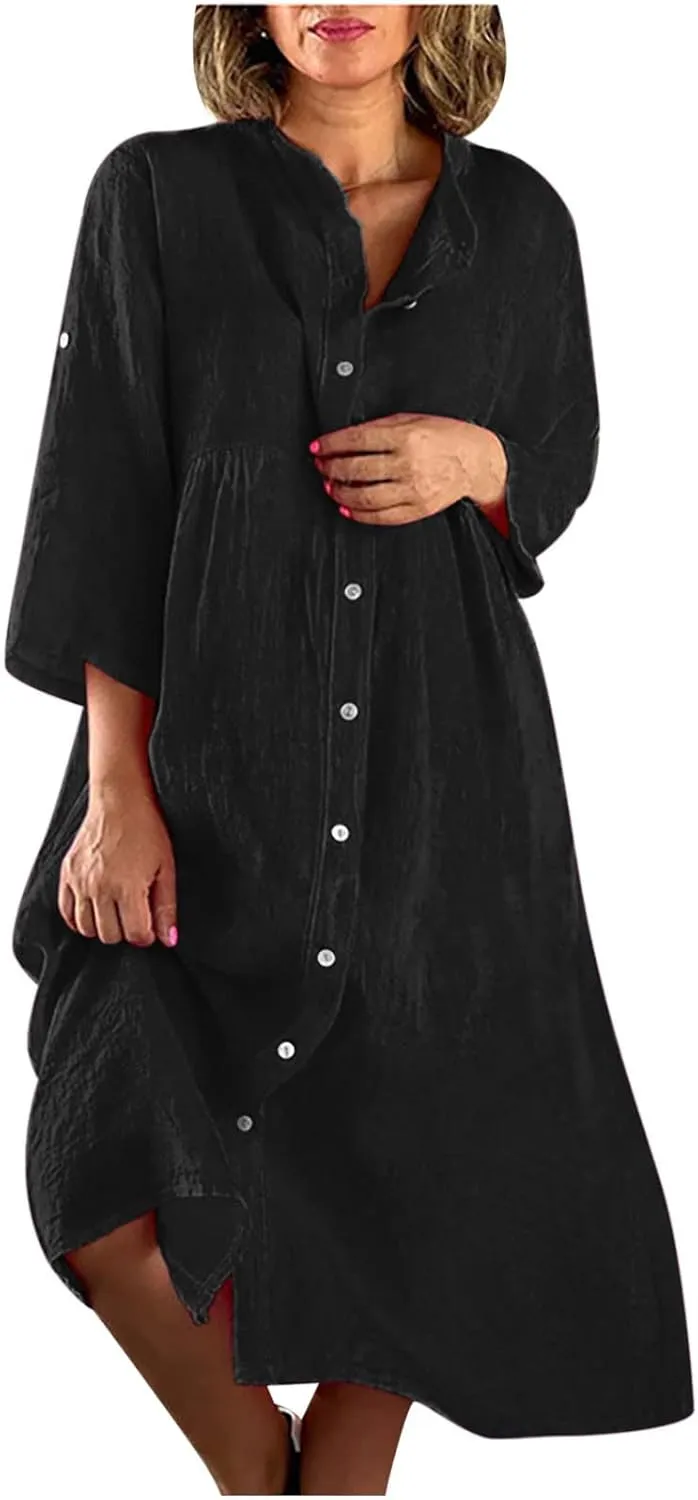 Womens 2024 Fashion Kimono Cotton Linen Casual Cardigan Loose Cover up Button Down 3/4 Sleeve Summer Beach Dresses