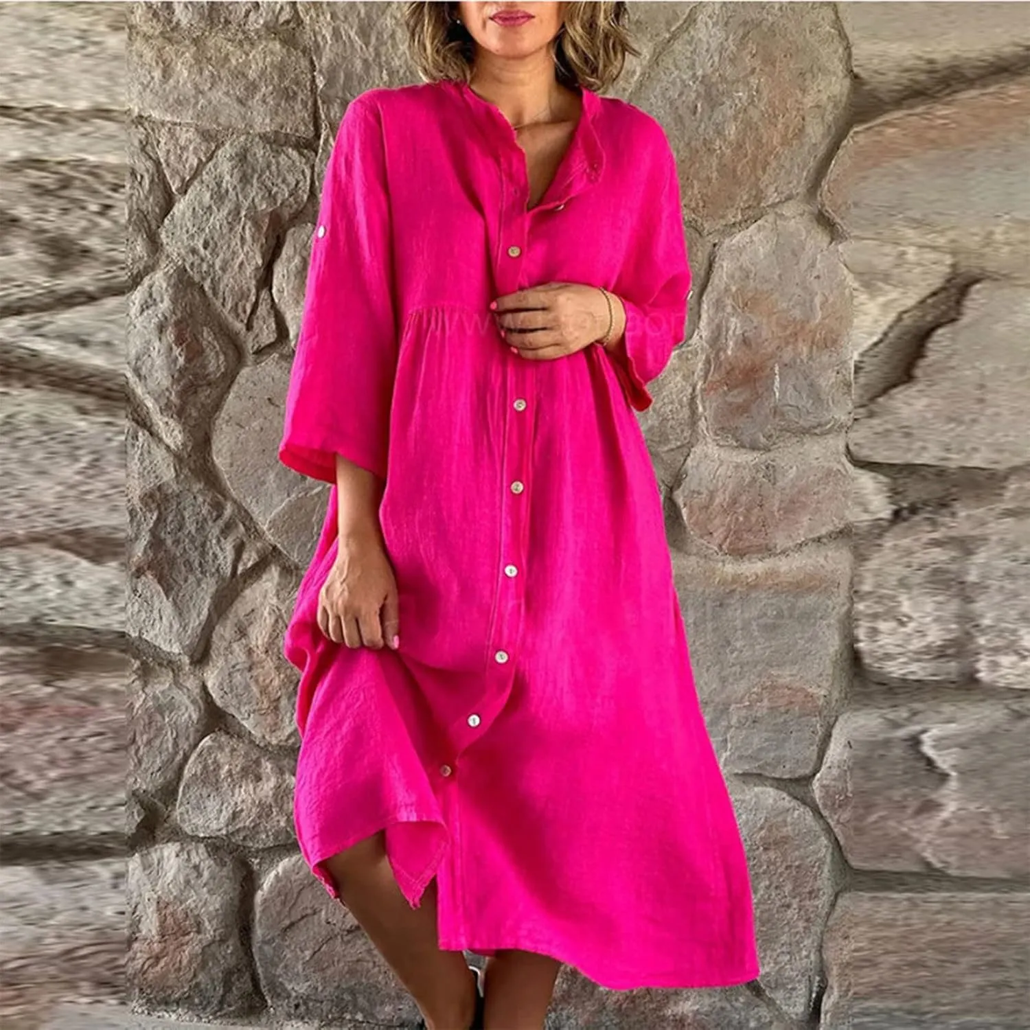 Womens 2024 Fashion Kimono Cotton Linen Casual Cardigan Loose Cover up Button Down 3/4 Sleeve Summer Beach Dresses