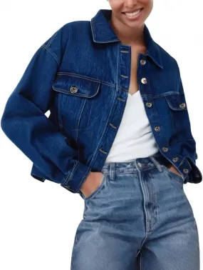Women's Denim Jackets Vintage Washed Button Up Cropped Oversized Jean Jacket with Pockets