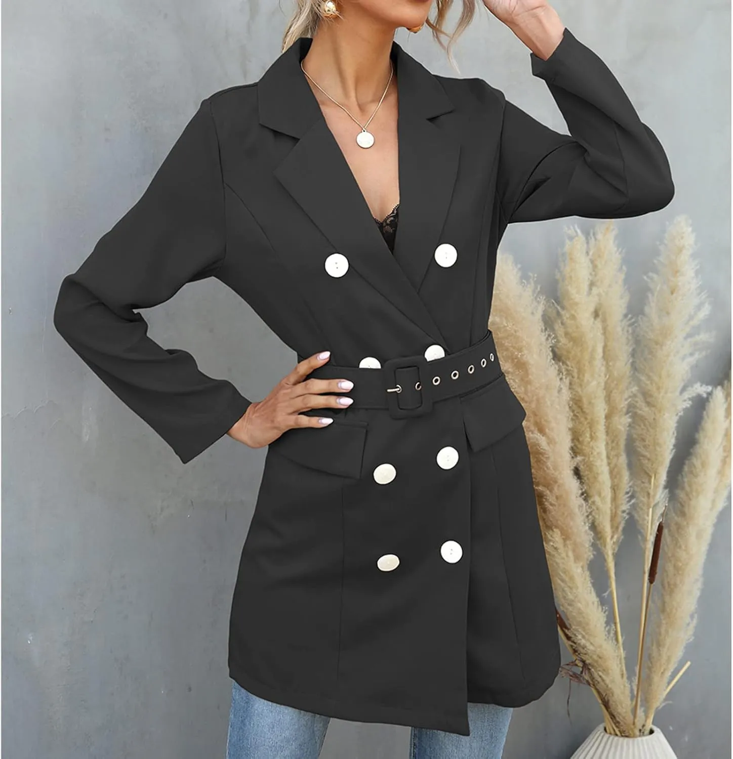 Women's Double Breasted Blazer Jacket Pea Coat Long Sleeve Lapel Winter Basic Mid-Long Trench Coat with Belt