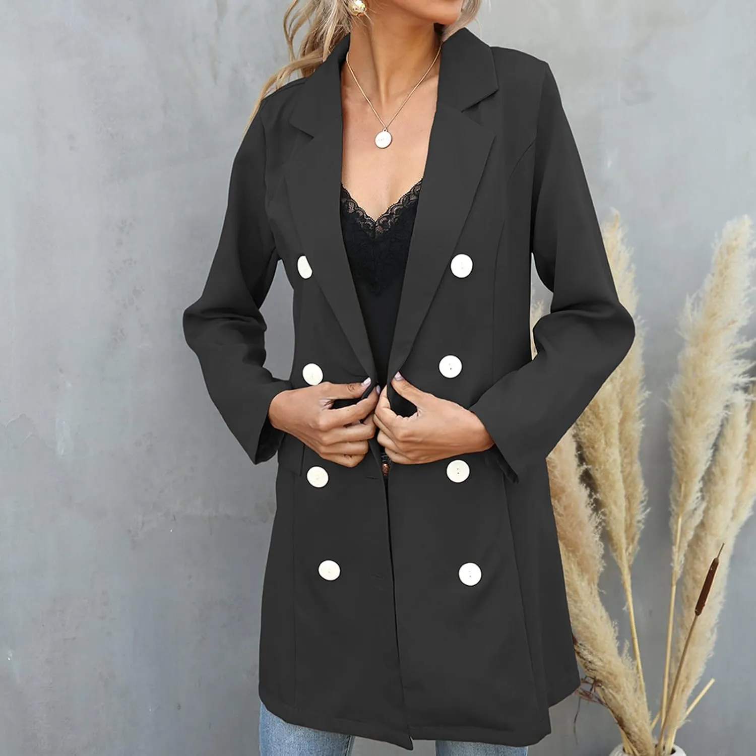 Women's Double Breasted Blazer Jacket Pea Coat Long Sleeve Lapel Winter Basic Mid-Long Trench Coat with Belt