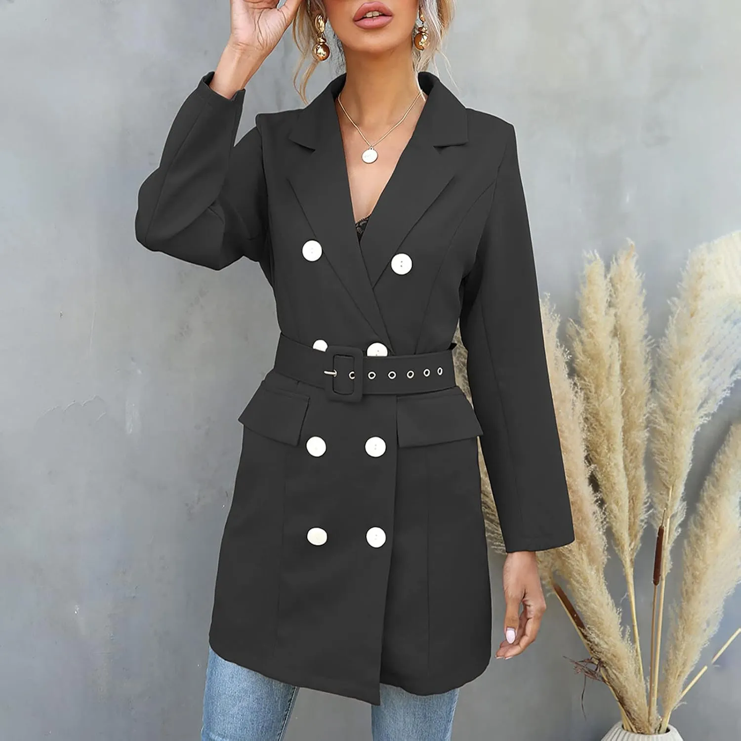 Women's Double Breasted Blazer Jacket Pea Coat Long Sleeve Lapel Winter Basic Mid-Long Trench Coat with Belt