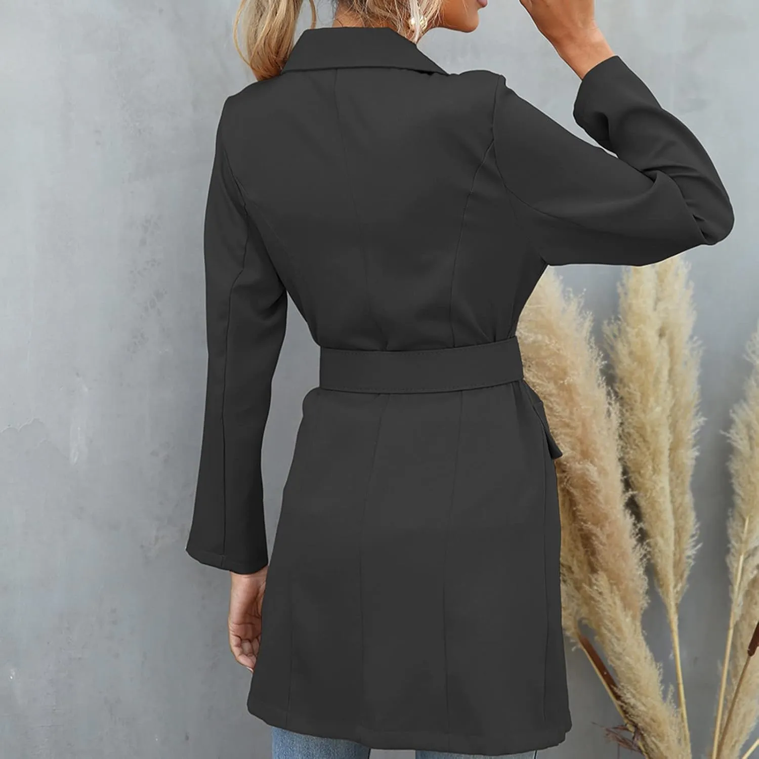 Women's Double Breasted Blazer Jacket Pea Coat Long Sleeve Lapel Winter Basic Mid-Long Trench Coat with Belt
