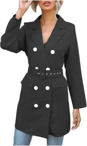 Women's Double Breasted Blazer Jacket Pea Coat Long Sleeve Lapel Winter Basic Mid-Long Trench Coat with Belt