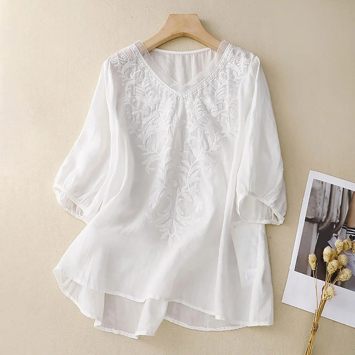 Women's Embroidery Shirts V-Neck Short Sleeve Cotton Linen Summer Casual Business Blouses Top Loose Fit Top