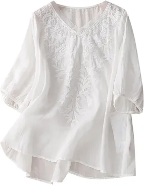 Women's Embroidery Shirts V-Neck Short Sleeve Cotton Linen Summer Casual Business Blouses Top Loose Fit Top