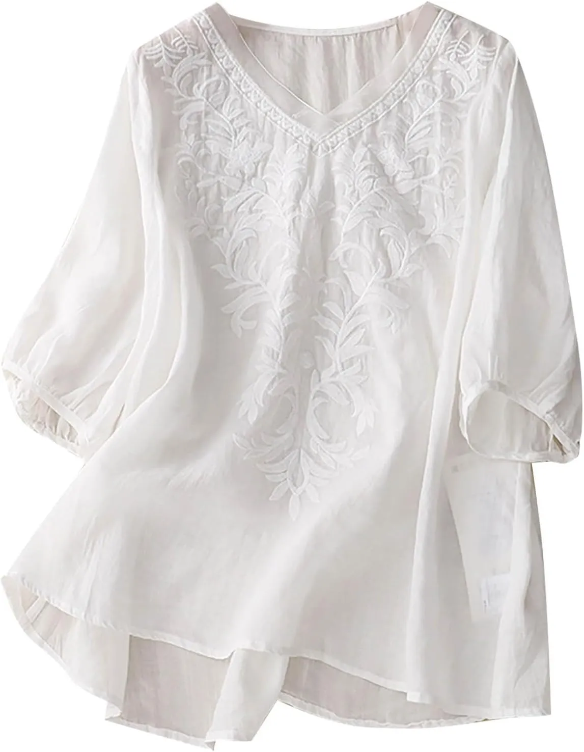 Women's Embroidery Shirts V-Neck Short Sleeve Cotton Linen Summer Casual Business Blouses Top Loose Fit Top
