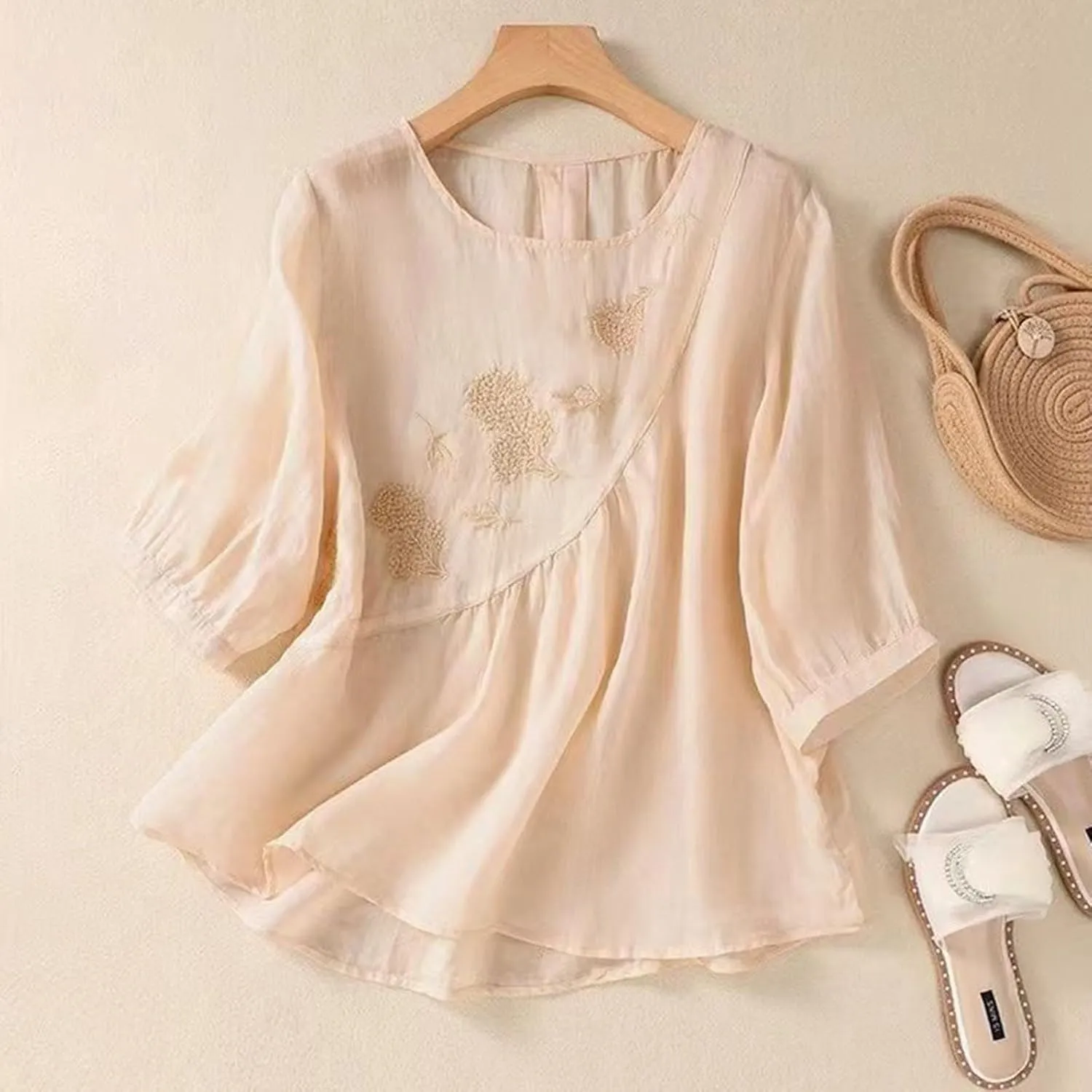 Womens Linen Shirts V-Neck Retro Blouse Boho Oversized Tshirts Short Sleeve Loose Fit Shirt