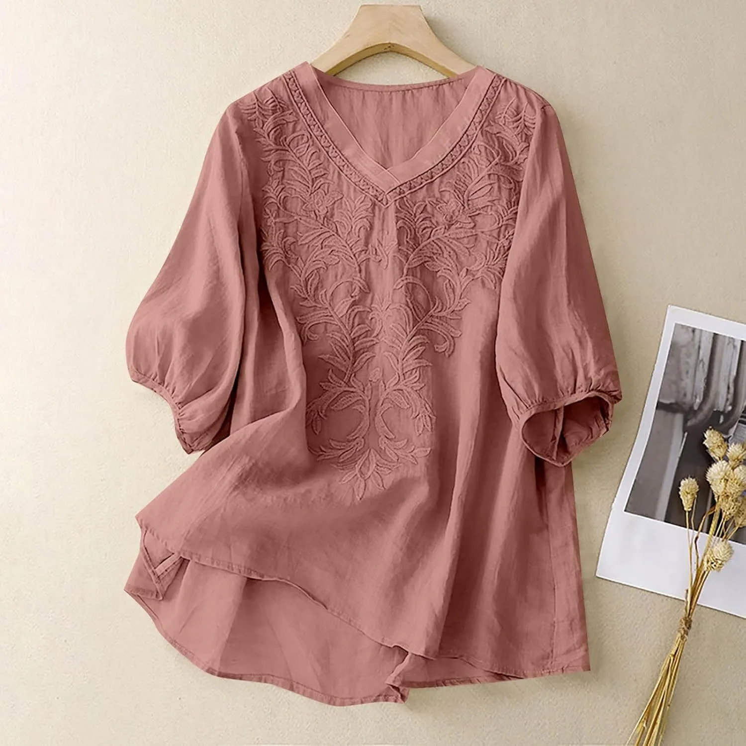 Womens Linen Shirts V-Neck Retro Blouse Boho Oversized Tshirts Short Sleeve Loose Fit Shirt