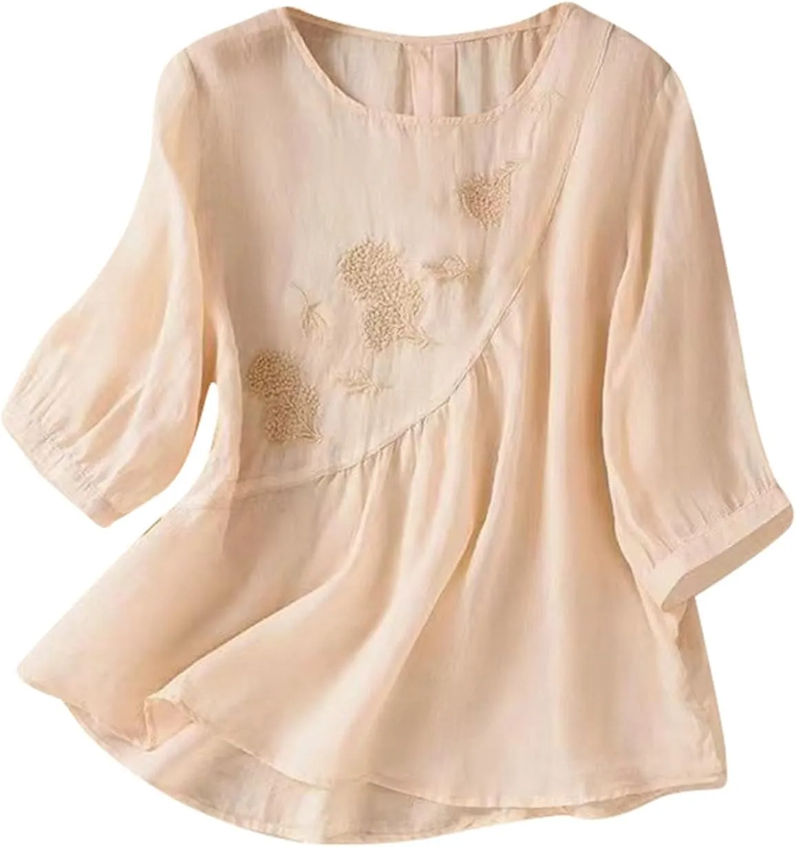 Womens Linen Shirts V-Neck Retro Blouse Boho Oversized Tshirts Short Sleeve Loose Fit Shirt