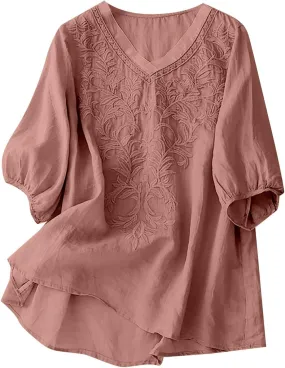 Womens Linen Shirts V-Neck Retro Blouse Boho Oversized Tshirts Short Sleeve Loose Fit Shirt