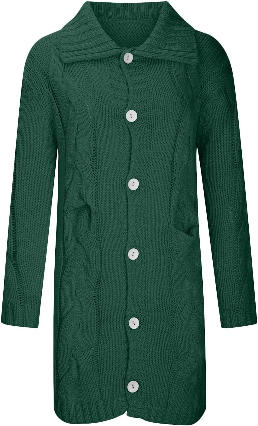 Womens Long Sleeve Cable Knit Long Cardigan, Open Front Button Hooded Sweater Outerwear with Pocket