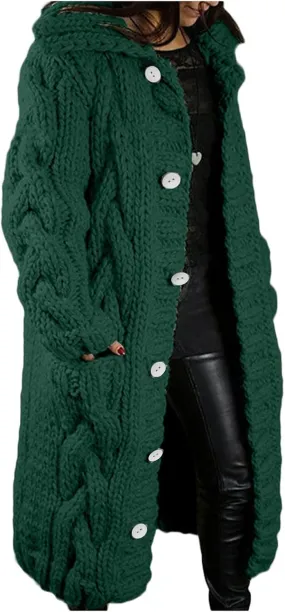 Womens Long Sleeve Cable Knit Long Cardigan, Open Front Button Hooded Sweater Outerwear with Pocket
