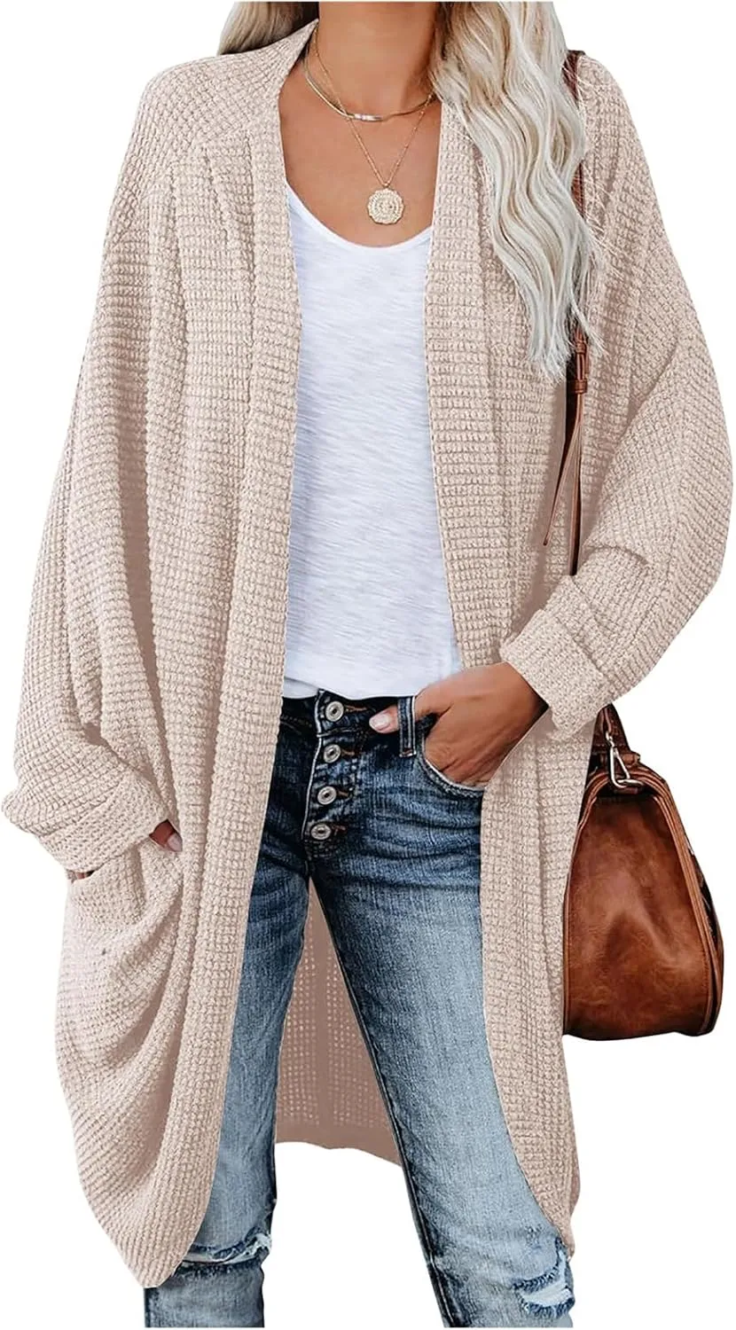 Womens Open Front Knit Cardigan Long Batwing Sleeve Oversized Sweater Chunky Waffle Casual Coat with Pockets