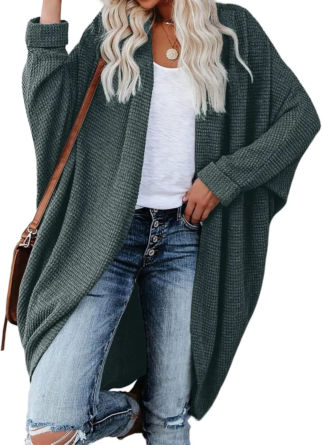 Womens Open Front Knit Cardigan Long Batwing Sleeve Oversized Sweater Chunky Waffle Casual Coat with Pockets