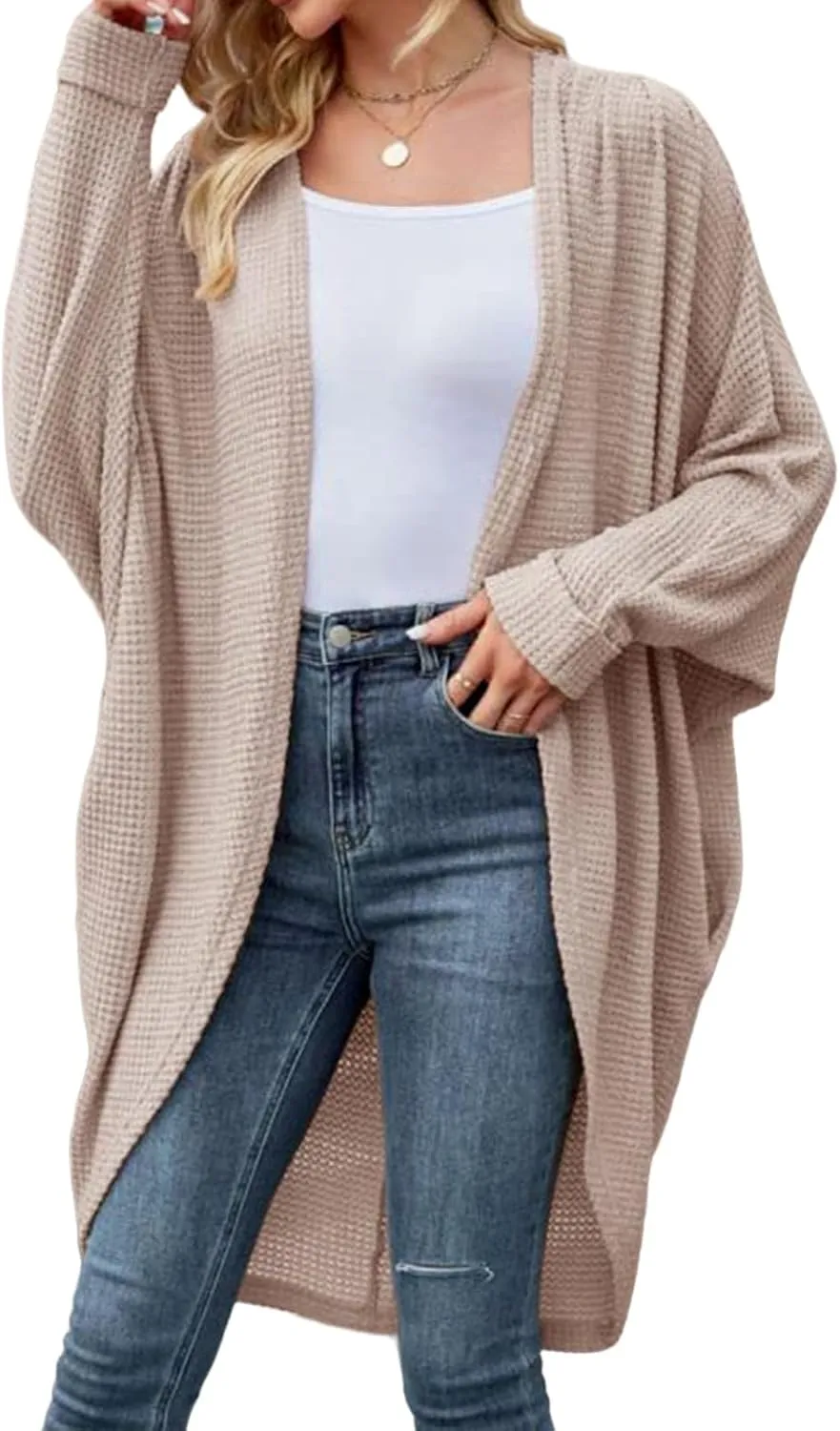 Womens Open Front Knit Cardigan Long Batwing Sleeve Oversized Sweater Chunky Waffle Casual Coat with Pockets