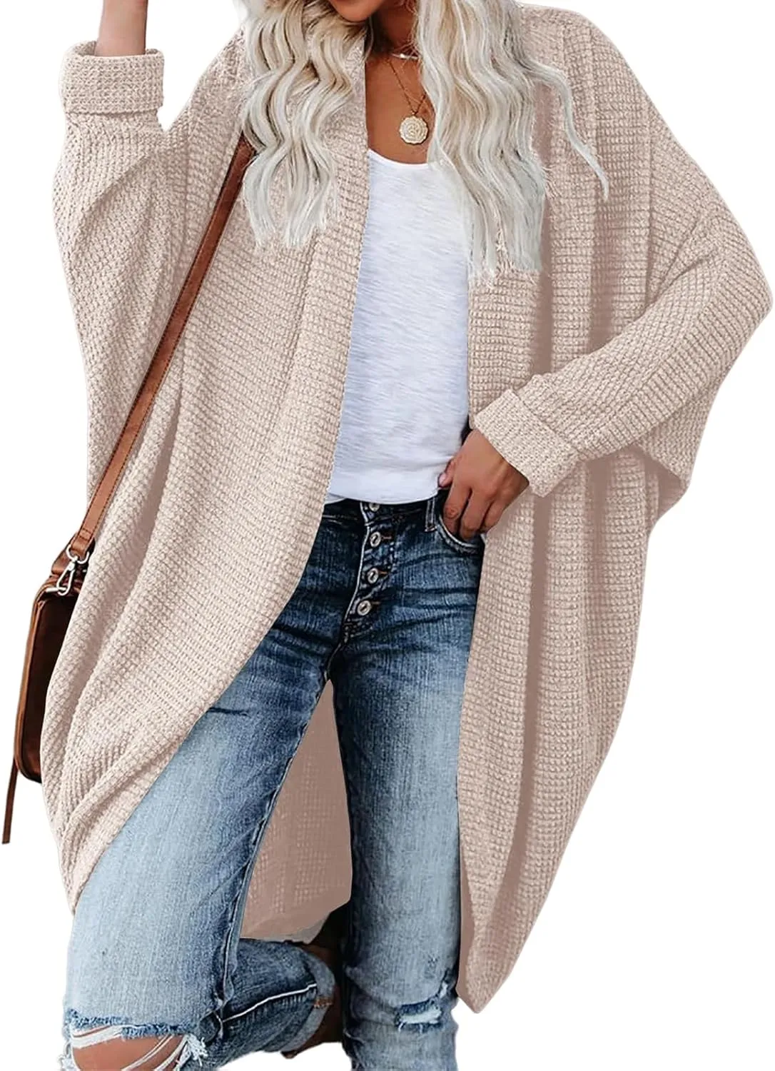 Womens Open Front Knit Cardigan Long Batwing Sleeve Oversized Sweater Chunky Waffle Casual Coat with Pockets