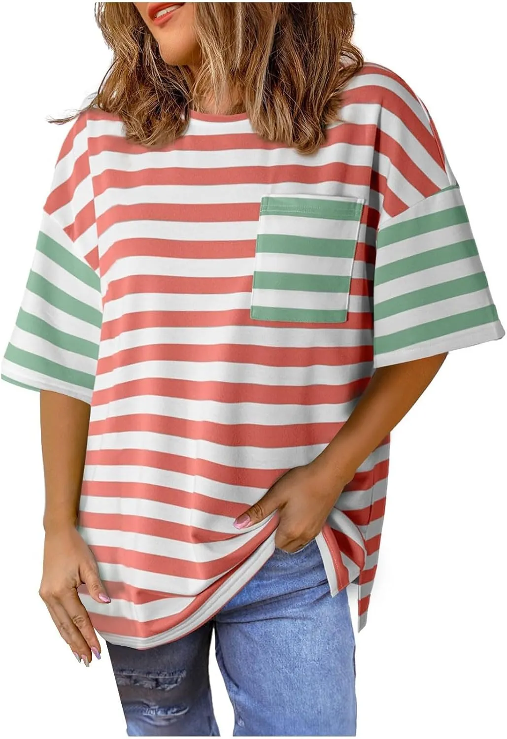 Womens Oversized Crewneck Basic Tops Trendy Colorblock Stripes Short Sleeve Shirts Summer Casual Loose Fit Y2K Tee